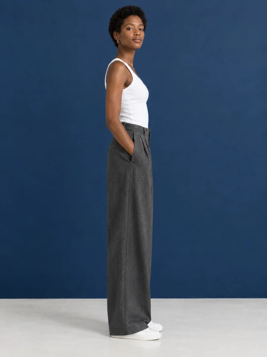 Arc Pleat Trouser, worn, side profile showing the arc