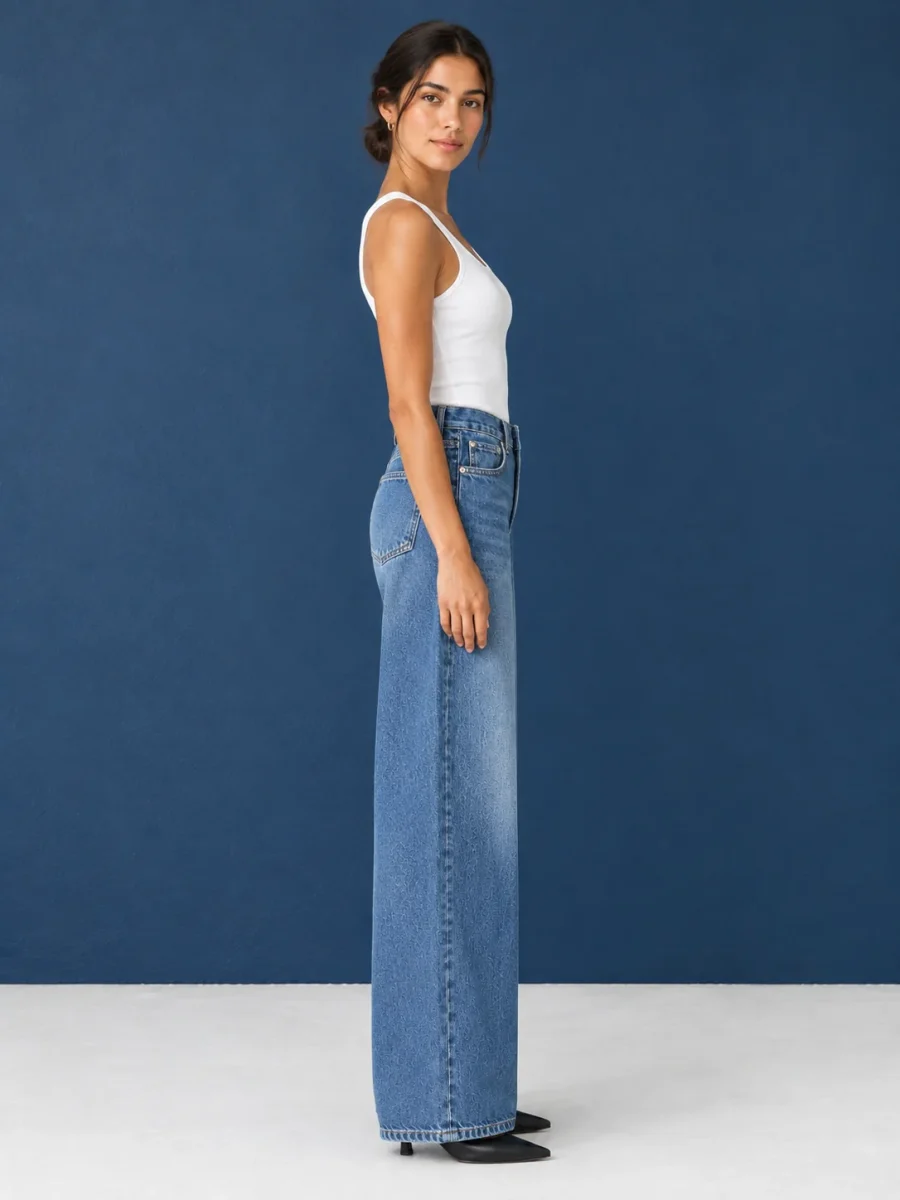 Brace Jean, worn, side profile showing the arc