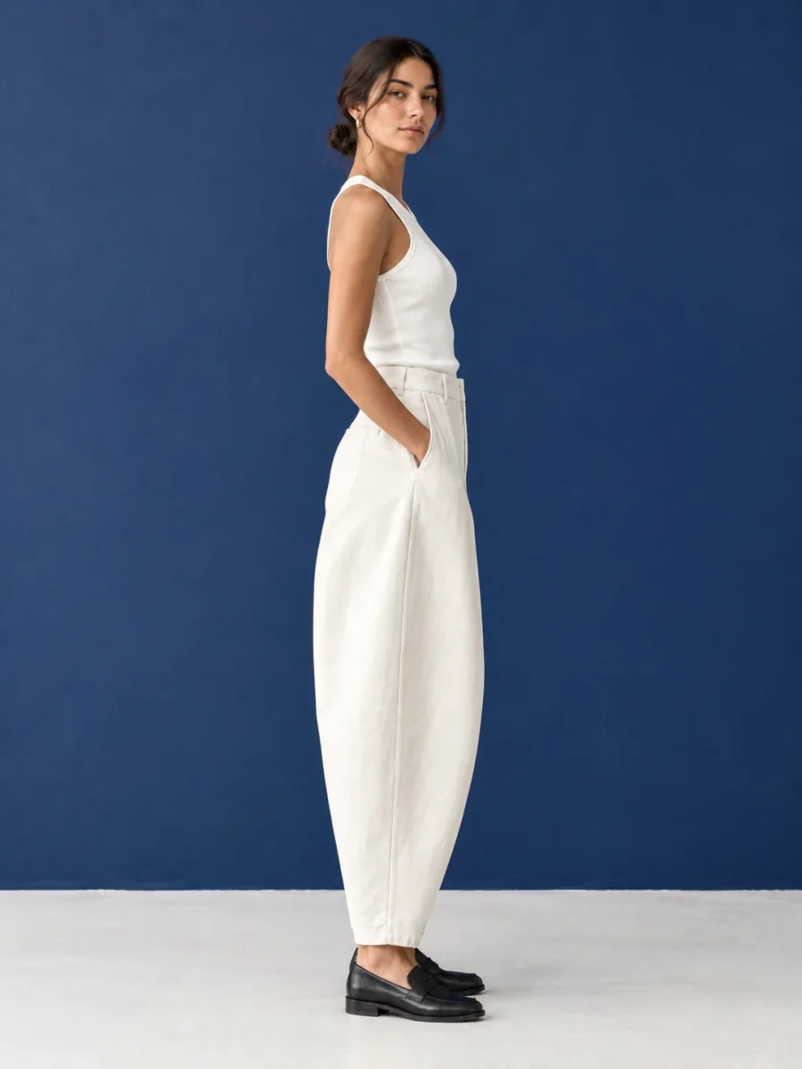 Chalk Arc Trouser, worn, side profile showing the arc