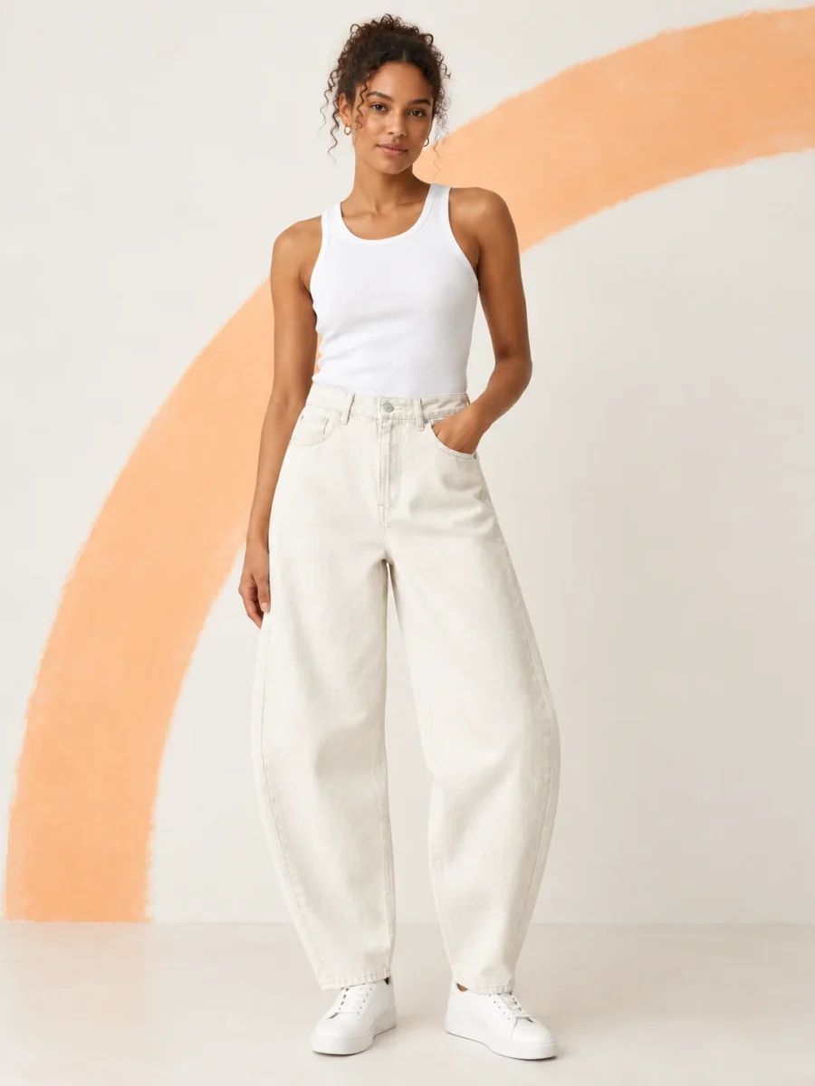 Chalk Barrel Jean, worn, front view