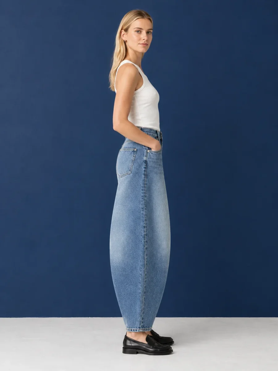 Crescent Jean, worn, side profile showing the arc