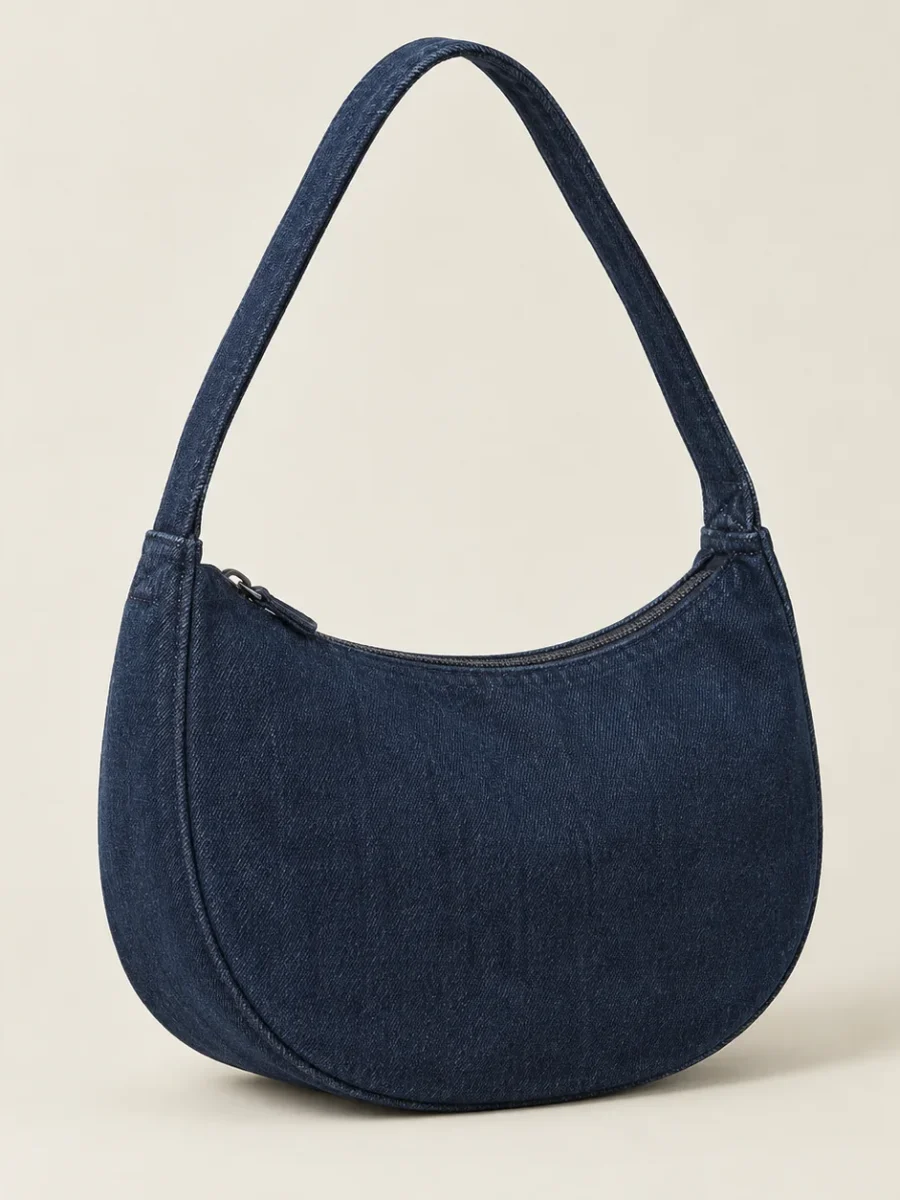Denim Crescent Bag, flat product photo