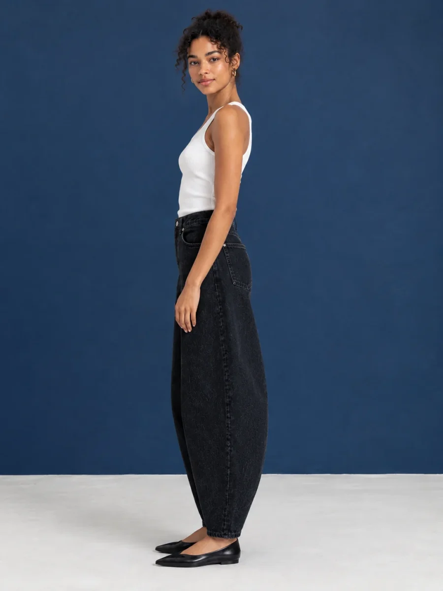 Full Bracket Jean, worn, side profile showing the arc