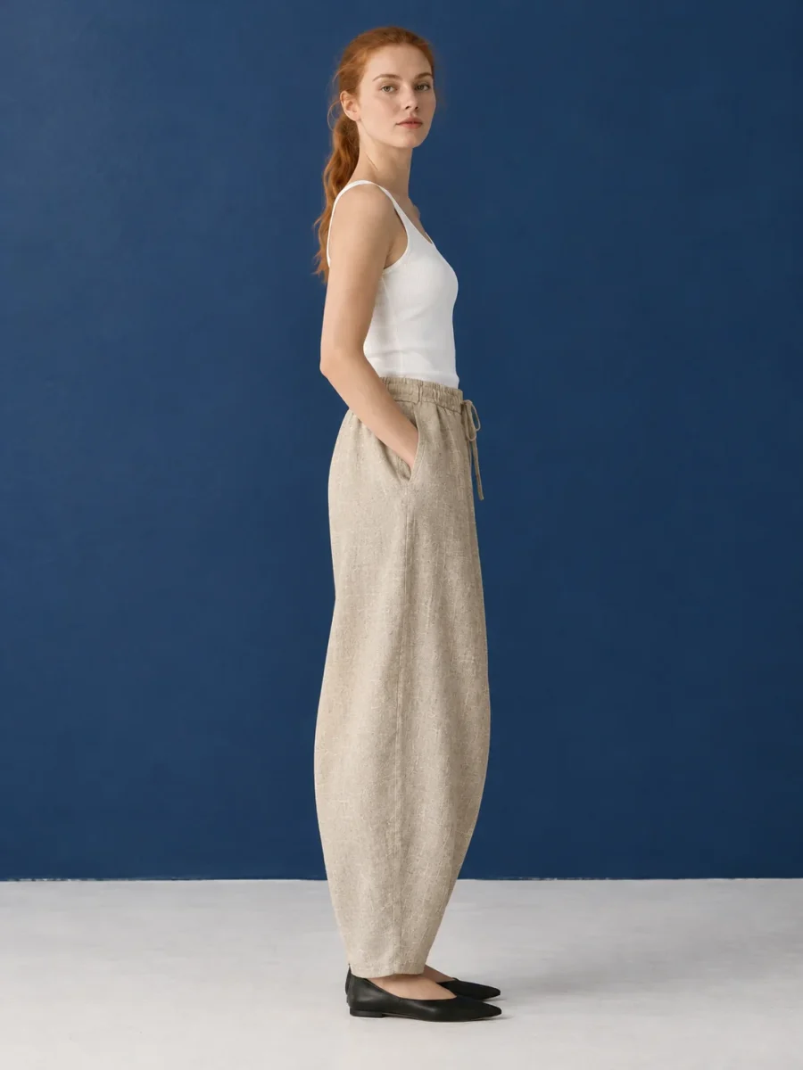 Sand Arc Trouser, worn, side profile showing the arc