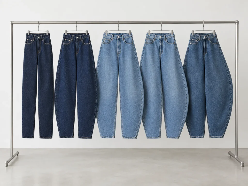 Barrel-Leg-Jeans auf einer Stange hängend, von nahezu gerade bis stark geschwungen
