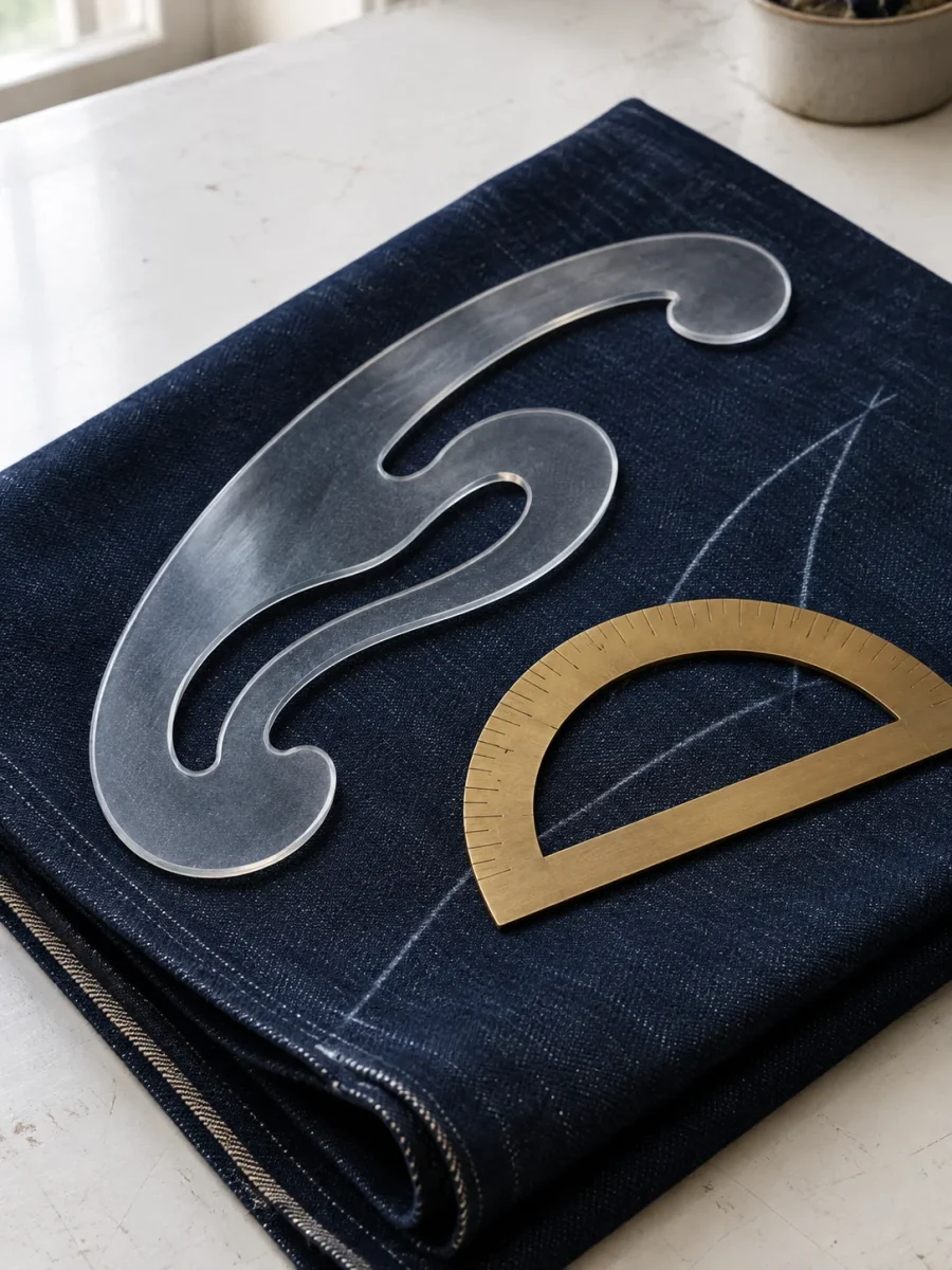 Französisches Kurvenlineal und Winkelmesser auf Indigo-Denim
