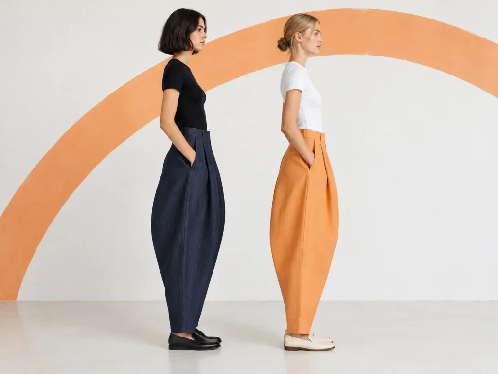 Zwei Models in Nadelstreifen- und Aprikosen-Bogen-Hosen