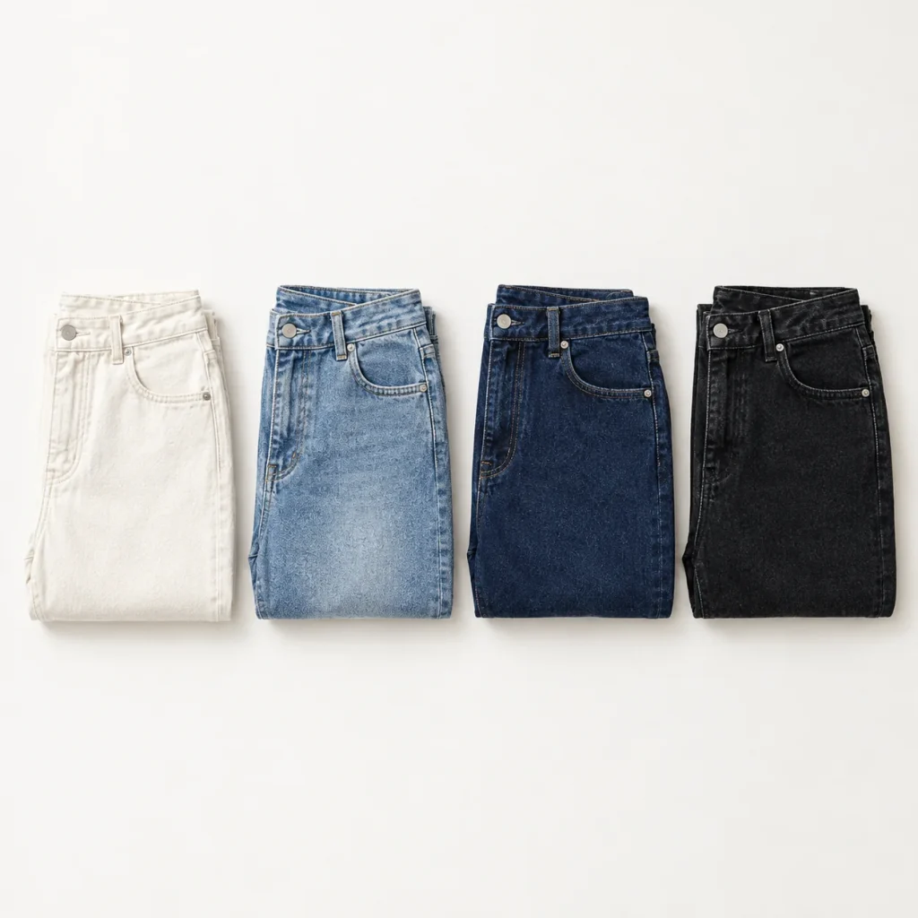 Vier gefaltete Jeans von heller bis dunkler Waschung