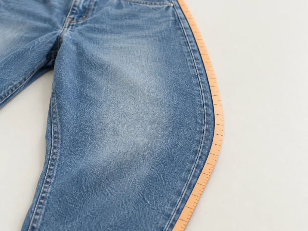 Ein Maßband folgt der gebogenen Außennaht einer Jeans