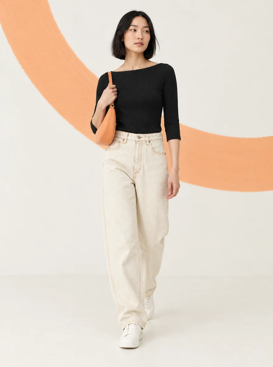 Outfit: Apricot-stitch Barrel, Boat-neck Rib Top und Mini Crescent Bag