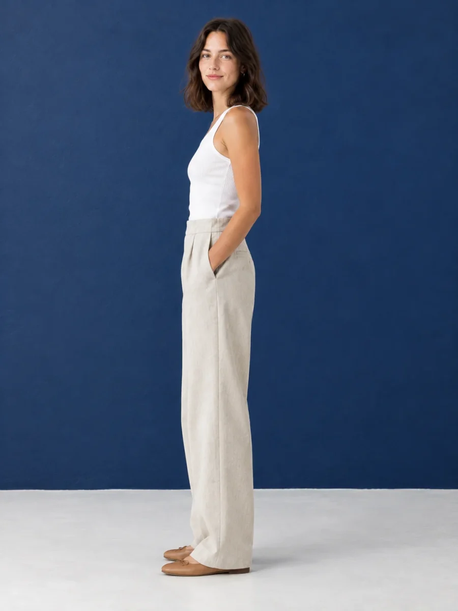 Soft Arc Trouser, worn, side profile showing the arc