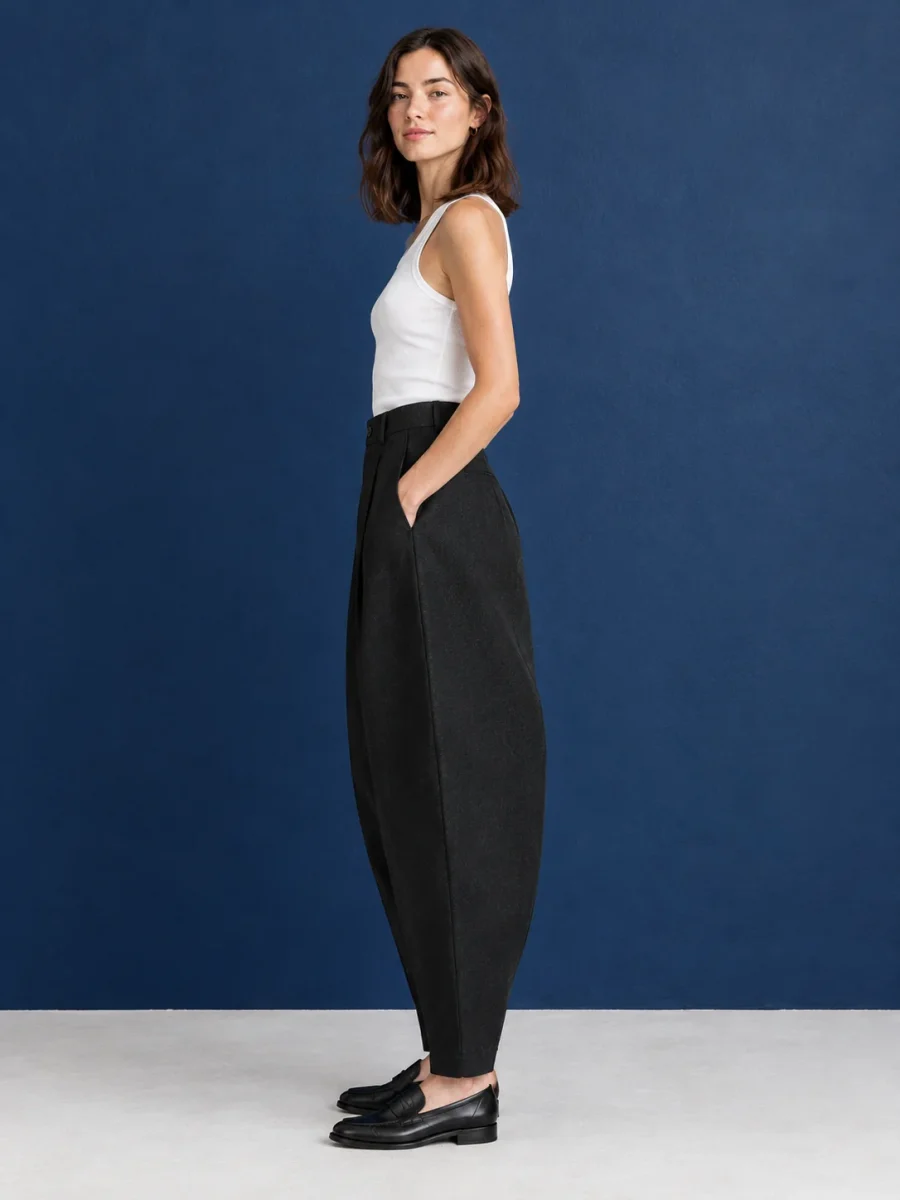Wide Arc Trouser, worn, side profile showing the arc